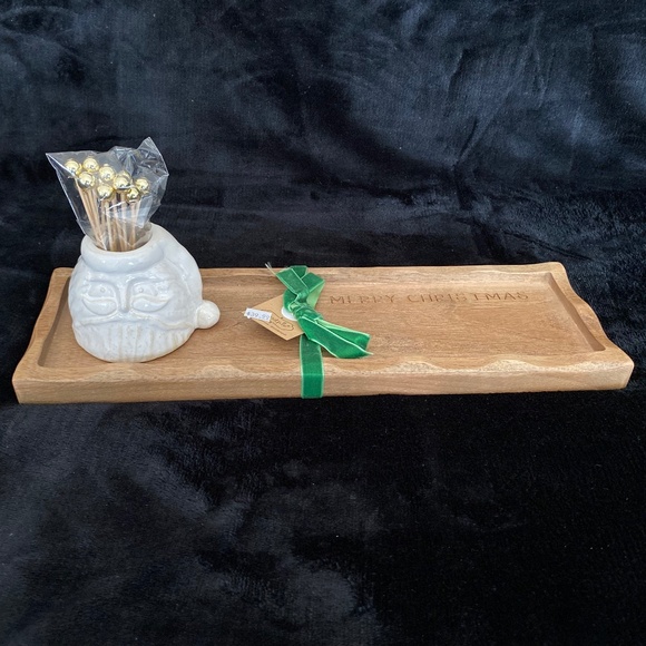 NWT MUD PIE WHITE CHRISTMAS SANTA TOOTHPICK WOODEN TRAY SET - Picture 3 of 7